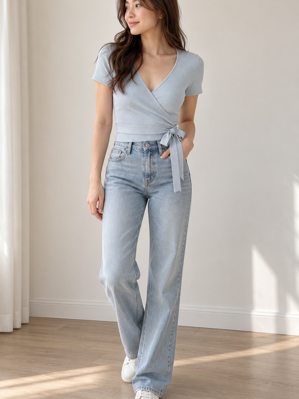 Wilfred Pale Blue Ribbed Wrap Tie Crop Top